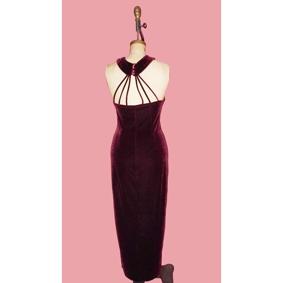 1990s POLY FASHION USA Velvet High SLIT Gown W/Cage Back & Statement Collar. S-M - Picture 4 of 10